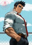  1boy absurdres balo_dqx_ff14 bara belt black_hair black_pants brown_belt brown_eyes chain-link_fence commentary_request dress_shirt facial_hair fence forearms goatee_stubble hand_in_pocket highres long_sleeves looking_at_viewer male_focus muscular muscular_male necktie original pants red_necktie salaryman shirt shirt_tucked_in short_hair signature sleeves_rolled_up smile solo stubble thick_eyebrows white_shirt 