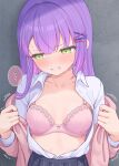  ... 1girl absurdres averting_eyes blush bow bow_bra bra breasts cardigan cardigan_partially_removed collared_shirt commentary_request cowboy_shot dot_nose embarrassed fang green_eyes grey_skirt grimace hair_ornament hairclip highres hololive layered_sleeves long_hair long_sleeves medium_breasts motion_lines omiyatei open_clothes open_shirt parallel_hairclips pink_bra pink_cardigan plaid_clothes plaid_skirt pleated_skirt purple_hair raised_inner_eyebrows school_uniform shirt shirt_tucked_in skin_fang skirt solo speech_bubble spoken_ellipsis standing straight-on straight_hair sweat tokoyami_towa underwear white_shirt x_hair_ornament 