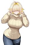  1girl absurdres ahoge alternate_costume blonde_hair blush breasts closed_mouth commentary_request denim elegg_(nikke) goddess_of_victory:_nikke hair_intakes hair_over_eyes highres jeans large_breasts long_sleeves looking_at_viewer mamenoki_sp pants paw_pose short_hair simple_background smile solo sweater turtleneck turtleneck_sweater white_background wide_hips 