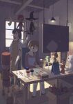  2girls apron art_brush bad_id black_hair black_shoes blue_eyes blue_pants book box brown_eyes brown_hair candle chair closed_mouth clown concentrating crescent day doll drink_carton fire grey_socks hanging_light hat hiboshi_daizu holding holding_doll holding_paintbrush indoors japanese_saw juice_box medium_hair mouth_hold multiple_girls open_book orange_apron original paintbrush pants paper pencil pink_apron ponytail red_shirt saw shirt shoes short_hair sitting socks standing star_(symbol) stuffed_animal stuffed_rabbit stuffed_toy table teddy_bear toy white_shirt winding_key window window_shadow witch_hat wood_carving_tool woodcutter 