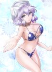  1girl adapted_costume bangs bare_shoulders bikini blue_bikini breasts cleavage closed_mouth commentary eyebrows_visible_through_hair feet_out_of_frame foreshortening hair_between_eyes hat large_breasts letty_whiterock light_smile lips looking_at_viewer outstretched_arm purple_eyes purple_hair reaching_out shiny shiny_skin short_hair simple_background snowflakes solo swimsuit thighs touhou white_background white_headwear y2 