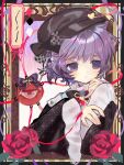  1girl alternate_costume bow brown_hat brown_shirt chinese_commentary commentary_request disembodied_linked_eye eyeball floral_print flower hat hat_ornament heart heart_hat_ornament highres komeiji_satori long_sleeves purple_bow purple_eyes purple_hair red_flower red_rose rose rose_print shirt short_hair solo touhou upper_body wide_sleeves zhenda10169 