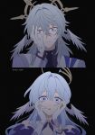  1boy 1girl aiga_ippai artist_name bare_shoulders black_background blue_eyes blue_hair bracelet brother_and_sister choker closed_mouth commentary_request detached_sleeves earrings empty_eyes eyelashes feathered_wings gloves gold_earrings grey_hair hair_between_eyes halo halo_behind_head hand_on_own_face hand_up hands_on_own_face hands_up head_wings highres honkai:_star_rail honkai_(series) jacket jewel_under_eye jewelry long_hair long_sleeves looking_at_viewer medium_hair multicolored_eyes official_alternate_costume open_clothes open_jacket open_mouth open_vest pearl_bracelet piercing purple_choker purple_eyes purple_jacket purple_shirt purple_sleeves robin_(honkai:_star_rail) shirt short_sleeves siblings sidelocks simple_background star_(symbol) star_choker star_ornament sunday_(honkai:_star_rail) sunday_(sacerdos'_relived_ordeal)_(honkai:_star_rail) turtleneck turtleneck_shirt upper_body vest wavy_hair white_gloves white_vest wide-eyed wing_piercing wings 