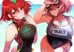  1girl bare_shoulders black_one-piece_swimsuit breasts chest_jewel commentary_request cowboy_shot goggles goggles_on_head highres large_breasts multiple_views one-piece_swimsuit pyra_(xenoblade) red_eyes red_hair short_hair swimsuit tarbo_(exxxpiation) tiara wet xenoblade_chronicles_(series) xenoblade_chronicles_2 