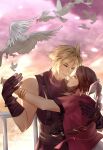  1boy 1girl absurdres aerith_gainsborough arm_around_another's_back belt bird black_gloves black_pants black_shirt blonde_hair braid braided_ponytail brown_belt brown_hair cloud cloud_strife cloudy_sky commentary couple dove english_commentary final_fantasy final_fantasy_vii final_fantasy_vii_remake gloves gold_bangle hair_ribbon hetero highres holding_hands jacket light_smile long_hair looking_at_another multiple_belts pants parted_bangs pink_ribbon red_jacket ribbed_shirt ribbon sharp_teeth shirt short_hair sidelocks single_bare_shoulder single_braid sky sleeveless sleeveless_turtleneck sophanova suspenders teeth turtleneck twitter_username upper_body 