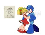  android atom_(tetsuwan_atom) blonde_hair blue_bodysuit blue_eyes blue_helmet bodysuit closed_eyes dancing dress green_ribbon helmet highres looking_to_the_side mega_man_(character) mega_man_(classic) mega_man_(series) open_mouth photo-referenced ponytail red_dress red_shoes ribbon roll_(mega_man) shoes sleeveless smile srnhuyuno tetsuwan_atom uran_(tetsuwan_atom) white_background 