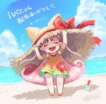  1girl beach bow closed_eyes commentary_request dress fate/grand_order fate_(series) habetrot_(fate) habetrot_(swimsuit)_(fate) hat hat_bow long_hair ocean orange_dress oversized_hat pink_hair planted planted_shovel pointy_ears shibanui shovel straw_hat 
