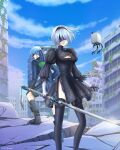  1boy 1girl 2b_(nier:automata) 9s_(nier:automata) artist_name belt black_belt black_boots black_dress black_gloves black_hairband black_socks black_thighhighs blindfold blue_hair blue_sky boots breasts building cleavage cleavage_cutout clothing_cutout cloud commentary_request covered_eyes dated day dress drone feather-trimmed_sleeves feather_trim feet_out_of_frame floating floating_hair foot_belt glint gloves hairband hand_on_own_knee highres holding holding_sword holding_weapon juliet_sleeves katana kneehighs long_sleeves medium_breasts mole mole_under_mouth nier:automata nier_(series) outdoors pod_(nier:automata) puffy_sleeves ruins saya001 short_dress short_hair side_slit sky socks standing swept_bangs sword sword_tassel tassel thighhighs virtuous_contract watermark weapon weapon_tassel white_hair 