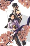 1boy 1girl absurdres black_hair black_pants body_markings branch cherry_blossoms closed_eyes coat demi-fiend duckpasta_flo flower highres holding horns lap_pillow on_bench pants peacoat persona persona_3 pink_flower purple_nails pyramid_(geometry) scene_reference shin_megami_tensei shin_megami_tensei_iii:_nocturne short_hair single_horn sitting spoilers takao_yuko tattoo teacher_and_student topless_male turtleneck white_background white_coat 