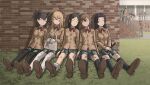  6+girls absurdres against_wall awatsuki_maaya bag black_hair black_socks blazer blonde_hair bow bowtie breasts brick_wall brown_hair brown_jacket brown_shoes character_request closed_eyes closed_mouth collared_shirt day english_commentary folded_fan folding_fan gaouin_tsukasa gloves grafhou grass grey_skirt hair_bow hair_ornament hairclip hand_fan handbag highres holding holding_fan in-franchise_crossover jacket kessai_kiyoshi kirifu_megumi kneehighs kongou_mitsuko loafers long_hair long_sleeves medium_breasts medium_hair miniskirt misaka_mikoto multiple_girls outdoors plaid_clothes plaid_skirt pleated_skirt railing red_bow red_bowtie sakibasu_yuri school_emblem school_uniform shirai_kuroko shirt shoes shokuhou_misaki short_hair sitting skirt sleeping socks spider_web_print star_(symbol) star_print thighhighs toaru_kagaku_no_mental_out toaru_kagaku_no_railgun toaru_majutsu_no_index tokiwadai_(toaru) tokiwadai_school_uniform twintails two_side_up very_long_hair wannai_kinuho white_bow white_gloves white_shirt white_thighhighs winter_uniform zettai_ryouiki 