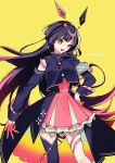  1girl absurdres animal_ears armband asymmetrical_legwear black_hair black_shirt black_skirt black_thighhighs commentary detached_sleeves earrings fake_animal_ears floating_hair gloves hair_ornament hairclip hand_on_own_hip highres idol_clothes jewelry long_hair long_sleeves looking_at_viewer nijisanji open_mouth pink_skirt pleated_skirt rabbit_earrings rabbit_ears rainbow_skirt red_gloves shirt simple_background single_detached_sleeve skirt smile solo star-shaped_pupils star_(symbol) symbol-shaped_pupils thigh_strap thighhighs tsukino_mito tsukino_mito_(tsuki_no_usagi_ha_virtual_no_yume_wo_miru) twitter_username two-sided_fabric two-sided_skirt usazaki_shiro virtual_youtuber yellow_background 
