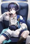 1boy absurdres aomiya_souju aqua_gem arm_at_side arm_strap black_corset black_trim blue_cape blue_ribbon blunt_ends bow bowtie brooch cape collarbone collared_shirt commentary_request corset couch curled_fingers eyeliner fingernails formal_clothes fringe-trimmed_cape gem genshin_impact gold gold_trim hand_up hat highres indoors insignia jewelry long_sleeves looking_at_viewer makeup male_focus official_alternate_costume open_hand open_mouth portrait_(object) purple_eyes purple_pupils red_eyeliner ribbon sailor_hat scaramouche_(genshin_impact) shirt shorts side_cape sitting solo striped_ribbon suspender_corset suspenders tsurime wanderer_(genshin_impact) wanderer_(resplendent_feast)_(genshin_impact) white_bow white_bowtie white_cape white_hat white_mouth white_shirt white_shorts white_sleeves white_trim wispy_bangs 