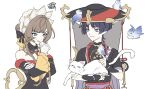  1boy 1girl animal_on_head armor bare_shoulders bird bird_on_hand bird_on_head black_bodysuit black_bow black_dress black_hair black_hat black_kimono black_sleeves blue_bird blue_eyes blunt_bangs blunt_ends bodysuit bonnet bow brown_hair cat choppy_bangs commentary_request detached_collar detached_sleeves dress eyelashes eyeliner frilled_sleeves frills frown fuli_(narumiyafuri) gem genshin_impact gloves gold grey_veil hair_bow hair_bun hand_on_own_arm hand_up hat highres japanese_armor japanese_clothes jealous jewelry jingasa juban kimono kote kurokote layered_sleeves long_sidelocks looking_at_another makeup mandarin_collar mitsudomoe_(shape) neck_ring o-ring on_head parted_lips purple_eyes purple_pupils purple_rope purple_sash purple_sleeves red_eyeliner red_gem red_hat red_kimono red_sash rope sandrone_(genshin_impact) sash scaramouche_(genshin_impact) shimenawa short_hair short_hair_with_long_locks short_sleeves shoulder_peek sidelocks single_hair_bun single_sode smug sweatdrop swept_bangs thumbs_up tomoe_(symbol) tsurime two-tone_hat veil white_background white_bonnet white_cat white_gloves white_kimono white_mouth white_rope winding_key 