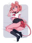  1girl animal_ears ass black_legwear black_skirt blue_eyes clothes_lift feet full_body furry hand_to_own_mouth highres kneehighs legs lying mouse_ears mouse_girl mouse_girl_(yuuki_(yuyuki000)) mouse_tail navel no_shoes on_side original panties pink_hair pink_panties school_uniform serafuku shirt short_hair short_sleeves skirt skirt_lift soles solo tail thighs trefoil underwear white_shirt yuuki_(yuyuki000) 