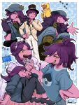  absurdres blue_shirt blueprint_(object) chalk character_print colored_skin colored_teeth commentary_request deltarune dress duck_costume freckles furry furry_female hair_bun hat highres hood hooded_jacket jacket lancer_(deltarune) long_hair multiple_hairstyles multiple_persona nas_u official_alternate_costume official_alternate_hairstyle open_mouth ponytail purple_hair purple_skin reptile_girl sharp_teeth shirt single_hair_bun sitting smile squatting susie_(deltarune) teeth tiara top_hat tuxedo utdr_(toby_fox) yellow_teeth 