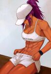  1girl abs absurdres adjusting_clothes adjusting_shorts ai-assisted alternate_costume bare_shoulders bleach breasts cleavage closed_eyes closed_mouth clothes_writing collarbone commentary dark-skinned_female dark_skin english_commentary finger_under_clothes hat highres large_breasts long_hair midriff muscular muscular_female navel obliques parted_bangs ponytail purple_hair shihouin_yoruichi shorts sira_(si12o2) sitting smile solo sports_bra stomach thick_thighs thighs watch white_hat white_shorts white_sports_bra wristwatch 