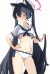  1girl absurdres animal_ear_fluff animal_ears black_hair blue_archive blue_ribbon blush cat_ears cat_girl commentary cowboy_shot crop_top hair_between_eyes hair_ribbon halo hand_on_own_hip hat highres holding_own_hair long_hair midriff navel pink_halo red_eyes ribbon rokun sailor_collar sailor_hat serika_(blue_archive) solo twintails underwear white_background white_sailor_collar 