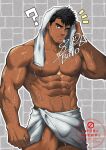  1boy ? abs absurdres arm_hair balo_dqx_ff14 bara beard_stubble black_hair brick_wall commentary_request dark-skinned_male dark_skin drying drying_hair drying_own_hair earrings facial_hair highres jewelry large_pectorals looking_at_viewer male_focus muscular muscular_male navel_hair nipples notice_lines original pectorals short_hair signature solo stubble stud_earrings thick_eyebrows towel towel_around_waist towel_on_head wet 