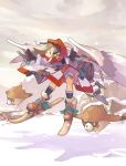  1girl akitsu_taira black_gloves black_socks boots brown_boots brown_hair cloud cloudy_sky creature detached_hood feathered_wings flying gloves grey_shirt hood hood_up kneehighs landing looking_down medium_hair original outdoors red_hood shirt shorts shorts_under_skirt skirt skis sky snow snowing socks solo white_skirt white_wings wings 
