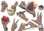  1boy book bookmark bright_pupils character_print chibi chibi_inset closed_mouth commentary_request cup dark-skinned_male dark_skin dynamax_band fingernails gen_8_pokemon hand_focus heart heart_hands highres holding holding_book holding_cup holding_poke_ball hop_(pokemon) komame_(st_beans) liquid male_focus multiple_views poke_ball poke_ball_(basic) pokemon pokemon_(game) pokemon_swsh purple_hair short_hair smile steam v yamper yellow_eyes 