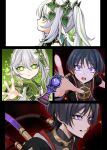  1boy 1girl absurdres armlet asymmetrical_sidelocks black_hair black_kimono black_sleeves blunt_ends bracelet braid bright_pupils cable clenched_teeth closed_mouth colored_eyelashes commentary_request cross-shaped_pupils detached_sleeves dress frown furrowed_brow gaota gem genshin_impact glowing glowing_eyes gnosis_(genshin_impact) gold gold_armlet gold_bracelet green_eyes green_gem green_hair hair_ornament half_crown_braid hand_up highres japanese_clothes jewelry juban kimono leaf leaf_hair_ornament long_hair looking_at_viewer looking_to_the_side mitsudomoe_(shape) multicolored_hair nahida_(genshin_impact) neck_ring open_clothes open_hand open_kimono open_mouth parted_lips pointy_ears purple_eyes reaching red_kimono scaramouche_(genshin_impact) scaramouche_(harbinger)_(genshin_impact) scene_reference short_sleeves side_ponytail sidelocks sideways_mouth single_sode streaked_hair symbol-shaped_pupils teeth tomoe_(symbol) tsurime upper_teeth_only white_dress white_hair white_kimono white_pupils wide-eyed wispy_bangs 