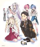  3boys 4girls bare_shoulders beatrice_(re:zero) black_hair black_pants black_shoes blonde_hair blue_hair character_doll closed_eyes commentary_request doll dress drill_hair emilia_(re:zero) grey_hair hat highres holding holding_doll julius_juukulius mini_hat multiple_boys multiple_girls natsuki_subaru open_mouth pants pink_eyes pink_hair pointy_ears purple_hair ram_(re:zero) re:zero_kara_hajimeru_isekai_seikatsu red_hair reinhard_van_astrea rem_(re:zero) shimashima_shima shoes siblings sisters smile twin_drills twins white_hat white_pants 