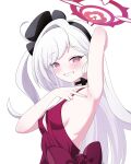  1girl absurdres arm_behind_head arm_up armpits black_hairband blue_archive breasts commentary dress grin hairband halo highres long_hair looking_at_viewer mutsuki_(blue_archive) mutsuki_(dress)_(blue_archive) onigiri716 presenting_own_armpit purple_eyes red_dress red_halo sideboob simple_background small_breasts smile solo untranslatable_commentary upper_body v_over_armpit white_background white_hair 