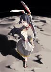  1girl absurdres animal_ear_hairband animal_ears arm_behind_back black_hair blue_eyes collared_shrug commentary crown dress fake_animal_ears full_body grey_shrug hair_ornament hairband hairclip hand_on_own_arm headset highres idol_clothes long_hair looking_at_viewer mini_crown moon nijisanji on_moon rabbit_ear_hairband rabbit_ears red_shoes see-through_clothes see-through_skirt shadow shoes short_sleeves shrug_(clothing) skirt solo standing tsukino_mito tsukino_mito_(moon_princess) twitter_username usazaki_shiro virtual_youtuber white_dress 