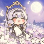  1girl blush_stickers braid chibi chibi_only closed_eyes commentary crescent crescent_hair_ornament detached_sleeves field flower flower_field full_moon hair_intakes hair_ornament hairband hakama highres japanese_clothes kotaramii low_twin_braids miko moon moonlight night nontraditional_miko open_mouth outdoors purple_hair purple_hairband purple_hakama sleeves_past_fingers sleeves_past_wrists smile solo trickcal twin_braids twitter_username untranslatable_commentary yomi_(trickcal) 