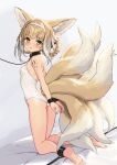  1girl animal_ear_fluff animal_ears ankle_cuffs arknights arms_behind_back ass bangs bdsm blonde_hair blush bondage bound braid breasts crying crying_with_eyes_open cuffs eyebrows_visible_through_hair fox_ears fox_girl fox_tail from_behind green_eyes hairband highres kneeling leash looking_at_viewer looking_back medium_hair multicolored_hair multiple_tails one-piece_swimsuit open_mouth sigm@ small_breasts solo suzuran_(arknights) swimsuit tail tears two-tone_hair white_hairband white_swimsuit 