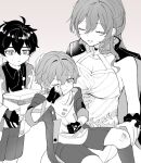  1girl 2boys aged_down arm_strap bandaid bandaid_on_knee bandaid_on_leg box bracelet breasts bruise bruise_on_knee bruise_on_leg caelus_(honkai:_star_rail) caelus_(little_cat)_(honkai:_star_rail) child chinese_clothes choker cleavage clenched_hands closed_eyes closed_mouth clothes_grab collared_shirt commentary_request constellation_print cowboy_shot crying crying_with_eyes_open dan_heng_(honkai:_star_rail) dan_heng_(little_cat)_(honkai:_star_rail) dress earclip earrings feet_out_of_frame fingerless_gloves fingernails flower gloves greyscale hair_between_eyes hand_on_another's_head hand_on_own_face hand_up headpat highres himeko_(honkai:_star_rail) holding holding_box honkai:_star_rail honkai_(series) hood hooded_jacket injury jacket jewelry large_breasts long_dress long_hair long_sleeves looking_at_another looking_down monochrome multiple_boys one_eye_closed open_clothes open_jacket rose shirt short_hair shorts simple_background single_bare_shoulder single_earring single_sidelock sitting sitting_on_lap sitting_on_person smile socks standing sweatdrop t-shirt tears teeth trailblazer_(honkai:_star_rail) tumunyann two-sided_fabric two-sided_jacket wavy_hair wide_sleeves wrist_cuffs 