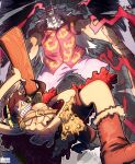  2boys axe battle_axe beard braid braided_beard facial_hair haki_(one_piece) handlebar_mustache hawaiian_shirt highres holding holding_axe long_beard long_hair male_focus monkey_d._luffy multiple_boys mustache old old_man one_piece round_eyewear scopper_gaban shirt sunglasses taku_(aywakutakuay) weapon white_hair 