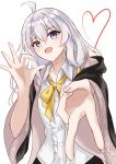  1girl absurdres ahoge black_robe blue_eyes bow bowtie collared_shirt commentary elaina_(majo_no_tabitabi) fingernails grey_hair gurin_(cakx8782) highres long_hair looking_at_viewer majo_no_tabitabi open_mouth robe shirt simple_background solo upper_body v white_background white_hair white_shirt yellow_bow yellow_bowtie 