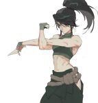  1girl abs akali_(league) armpit_crease black_hair breasts clothing_cutout commentary_request crop_top gloves hip_vent holding korean_commentary kunai league_of_legends long_hair myobi_(f0r_l0l) navel ponytail red_eyes sideboob simple_background solo toned toned_female weapon white_background 