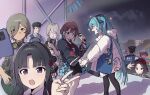  +_+ 6+girls akita_neru aqua_hair awa_subaru bag black_hair blonde_hair blue_eyes bow brown_hair cellphone closed_eyes commentary crossover drill_hair earrings ebizuka_tomo girls_band_cry goggles goggles_around_neck grey_hair hair_bow hairband hand_grab hat hatsune_miku highres holding holding_microphone hood hood_down hooded_jacket iseri_nina jacket jewelry kasane_teto kawaragi_momoka long_hair looking_at_viewer microphone multiple_girls night open_mouth phone police police_hat purple_eyes red_bow red_eyes red_hair round_eyewear rupa_(girls_band_cry) short_hair short_twintails shoulder_bag single_earring small_sweatdrop smartphone sparkle spring_onion stage twin_drills twintails untranslatable_commentary utau v vocaloid white_jacket yeelyn123 