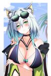  1girl :&lt; absurdres alternate_costume animal_ear_fluff animal_ears aqua_hair arknights arm_under_breasts bikini blue_bikini blue_sky blush breast_hold breasts cat_ears chinese_commentary cleavage closed_mouth cloud cloudy_sky coat coconut_tree collarbone covered_nipples day ddddecade embarrassed eyebrows_visible_through_hair eyelashes eyewear_on_head frown furrowed_brow glint gradient_hair green_coat green_eyes hair_between_eyes head_tilt highres jewelry kal&#039;tsit_(arknights) large_breasts looking_at_viewer medium_hair multicolored_hair open_clothes open_coat oripathy_lesion_(arknights) outdoors palm_tree pendant scowl silver_hair sky solo sunglasses sweat sweatdrop swimsuit tree two-tone_hair upper_body 
