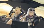  >_< 3girls ak-12_(girls'_frontline) ak-15_(girls'_frontline) alva_(girls'_frontline_2) an-94_(girls'_frontline) bare_legs black_boots black_gloves black_jacket blonde_hair boots breasts car_interior cat chest_harness closed_mouth commentary_request driving eyewear_on_head girls'_frontline girls'_frontline_2:_exilium gloves half_gloves harness highres jacket jishou_kusaboukun koleda_(girls'_frontline_2) long_hair medium_breasts multiple_girls open_mouth purple_eyes rear-view_mirror shirt sky solo_focus steering_wheel sunglasses voymastina_(girls'_frontline_2) white_hair white_shirt 