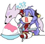  1boy 1girl ahoge bow braid brain_freeze chibi closed_eyes curled_horns flower food fur-trimmed_kimono fur_(clothing) fur_trim gloves hair_bow highres holding holding_spoon horn_flower horns ice_cream japanese_clothes kimono kindred_(league) lamb_(league) league_of_legends long_hair long_sleeves low_twin_braids multiple_hair_bows official_alternate_costume official_alternate_hair_color official_alternate_hairstyle open_mouth partially_fingerless_gloves purple_hair red_gloves red_scarf ri_~yoku scarf simple_background spirit_blossom_(league) spirit_blossom_kindred spoon twin_braids very_long_hair white_background wolf_(league) yellow_bow yellow_eyes 
