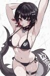  1girl alternate_costume arm_behind_head armpits bikini black_bikini black_hair blush breasts candy ellen_joe fins fish_tail food food_in_mouth highres lollipop lollipop_in_mouth looking_at_viewer multicolored_hair navel red_eyes red_hair shark_girl shark_tail short_hair side-tie_bikini_bottom solo swimsuit tail two-tone_hair usa_(usagi_minku) zenless_zone_zero 