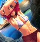  1girl :d absurdres antenna_hair armpits arms_up bikini blue_hair blue_sky blush breasts cleavage collarbone hanamasa_ono highres idolmaster idolmaster_million_live! lavender_bikini light_particles looking_at_viewer medium_breasts navel open_mouth orange_eyes outdoors red_sarong red_shirt sarong see-through shirt short_hair side-tie_bikini sideboob sky smile solo string_bikini swimsuit toyokawa_fuuka underboob undressing water 