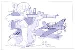  1girl aiming aircraft airplane bolt_action boots flight_deck gun intrepid_(kancolle) juraki_hakuaki kantai_collection kneeling monochrome ponytail rifle short_hair short_ponytail tbf_avenger turret weapon 