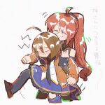  2girls :i =_= ^_^ ahoge artist_name assault_lily asymmetrical_legwear bare_shoulders black_scrunchie blue_leg_warmers blue_skirt blush braid brown_cardigan brown_pantyhose brown_shirt brown_shoes cardigan clenched_hands closed_eyes closed_mouth cropped_legs detached_sleeves grey_background hair_between_eyes hair_ornament hair_scrunchie half_up_braid hands_up headphones headphones_around_neck holding_back kawamura_yuzuriha leg_up leg_warmers lightning_bolt_symbol loafers long_hair long_sleeves miniskirt motion_lines multiple_girls nabezoko_no_okoge odaiba_girls_high_school_uniform orange_hair pantyhose ponytail school_uniform scrunchie shirt shoes short_hair simple_background single_thighhigh skirt sleeveless sleeveless_shirt smile standing standing_on_one_leg thighhighs translation_request uneven_legwear white_shirt yokoyama_azusa 