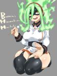  1girl belt belt_buckle black_mask boku_no_hero_academia breasts buckle burnin_(boku_no_hero_academia) character_name curvy domino_mask dress ear_cleaning eyebrows_visible_through_mask fang fiery_hair fukuinu green_hair grey_background headphones highres lap_pillow large_breasts long_hair looking_at_viewer mask mimikaki motherly motion_lines open_mouth romaji_text seiza short_dress side_slit simple_background sitting solo studded superhero teeth thick_thighs thighhighs thighs white_dress yellow_eyes 