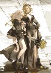  2girls alternate_costume animal_ears arknights arm_hug belt black_bow black_choker black_dress black_gloves black_hairband black_jacket black_shoes black_shorts blonde_hair bouquet bow braid braided_bangs breasts breasts_apart cat_ears cat_girl cat_tail center_opening choker closed_mouth dress extra_ears eyewear_on_head floppy_ears flower from_side full_body gloves goldenglow_(arknights) hair_bow hairband hand_on_own_hip height_difference high_heels highres holding holding_bouquet hood hood_down hooded_jacket jacket long_dress long_hair long_sleeves looking_ahead medium_breasts multiple_girls official_artist_extra petals quercus_(arknights) reflection reflection_focus reflective_liquid serious shoes shorts side_braid side_slit standing sunglasses tail twitter_username yellow_eyes yellow_flower yuji_(fantasia) 