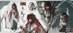  1girl absurdres bag bare_tree bird black_veil blunt_bangs braid brown_gloves commission day dress feathers gloves grey_eyes highres holding holding_bag holding_feather long_hair long_sleeves mihuashi_commission multiple_braids multiple_views original outdoors picture_frame profile red_hair standing tree veil very_long_hair watermark white_bird xiao_jiao_li_fu 