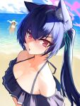  2girls absurdres animal_ear_fluff animal_ears bare_shoulders beach bikini black_bikini black_hair blue_archive breasts cat_ears cat_girl commentary frills green_bikini hair_ribbon halo hat highres long_hair looking_at_viewer multiple_girls nonomi_(blue_archive) nonomi_(swimsuit)_(blue_archive) ocean official_alternate_costume outdoors red_eyes ribbon rokun serika_(blue_archive) serika_(swimsuit)_(blue_archive) sky swimsuit twintails 