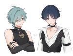  2boys ahoge alternate_costume aqua_hair arm_strap armpit_crease arms_at_sides bags_under_eyes bishounen black_bodysuit black_bridal_gauntlets black_choker black_hair black_vest blunt_ends bodysuit bridal_gauntlets choker choppy_bangs closed_mouth collarbone collared_shirt cosplay costume_switch covered_collarbone cropped_torso crossed_arms eyelashes eyeliner genshin_impact gold_ring grey_eyes hair_between_eyes hair_intakes hand_on_own_arm highres lapels lohen_(genshin_impact) lohen_(genshin_impact)_(cosplay) long_sleeves looking_at_another looking_at_viewer makeup mandarin_collar middle_ring mole mole_under_eye multiple_boys open_collar pink_pupils red_eyeliner scaramouche_(genshin_impact) shirt smile tsurime vest wanderer_(genshin_impact) wanderer_(genshin_impact)_(cosplay) white_background white_shirt white_sleeves yuii_03 