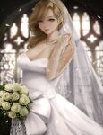  1girl azur_lane blonde_hair blue_eyes blurry blurry_background bouquet breasts bridal_gauntlets bridal_veil bride cleavage dress earrings flower hair_over_shoulder highres holding holding_bouquet hood_(azur_lane) hood_(rose_love_poem)_(azur_lane) indoors jewelry large_breasts long_hair looking_at_viewer necklace official_alternate_costume pearl_necklace rose sapphire_(gemstone) see-through signature solo veil wedding wedding_dress wei_(promise_0820) white_flower white_rose 