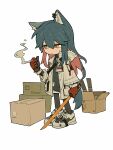  1girl animal_ear_piercing animal_ears arknights black_gloves black_hair black_pantyhose black_shirt box carbon_(arknights) cardboard_box chibi cigarette colored_inner_hair commentary_request deatiose frown full_body fur-trimmed_jacket fur_trim gloves hair_between_eyes highres holding holding_cigarette holding_sword holding_weapon id_card jacket long_hair multicolored_hair official_alternate_costume open_clothes open_jacket pantyhose red_gloves red_streaks shirt shoes shorts simple_background smoking sneakers solo standing streaked_hair sword tail texas_(arknights) texas_(winter_messenger)_(arknights) two-sided_gloves weapon white_background white_jacket white_shoes white_shorts wolf_ears wolf_girl wolf_tail yellow_eyes 