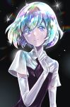  1other androgynous black_necktie black_shirt collared_shirt commentary_request crystal_hair diamond_(houseki_no_kuni) finger_to_own_chin gloves highres houseki_no_kuni looking_at_viewer multicolored_eyes multicolored_hair necktie rainbow_eyelashes rainbow_eyes rainbow_hair sharumon shirt solo two-tone_shirt white_gloves white_shirt 